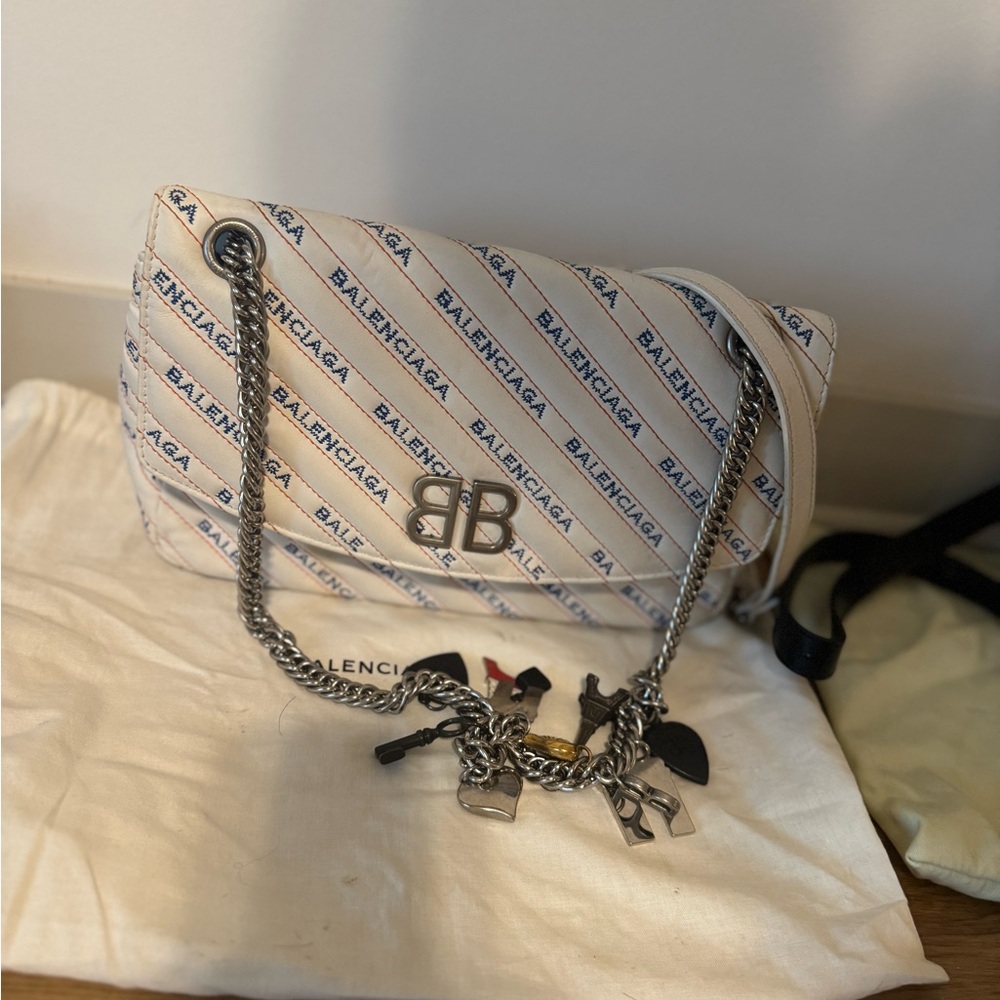 Balenciaga Cream Shoulder Bag with Chain Strap and Logo Print